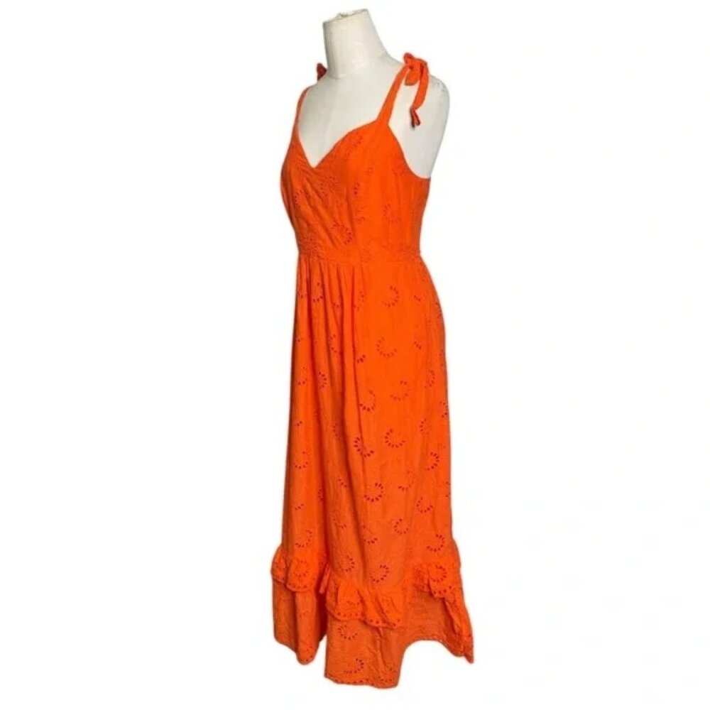 TAYLOR - Orange Eyelet Midi Dress – Tie Strap Sundress, Ruffle Hem, Summer Boho - Picture 5 of 6